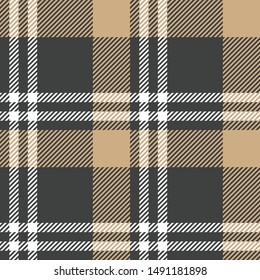 Seamless plaid pattern vector graphic. Tartan check plaid in dark grey, beige, and white for flannel shirt or other modern textile design.