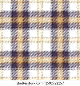 Seamless plaid pattern vector graphic. Tartan check plaid texture background in dark purple, gold yellow, and white for flannel shirt, poncho, blanket, throw, or other modern textile design print.