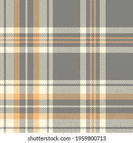 Seamless plaid pattern vector in grey, orange, off white. Herringbone textured large light tartan check graphic for flannel shirt, blanket, duvet cover, other modern spring autumn winter fabric print.