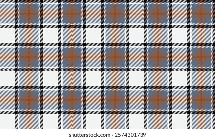 Seamless plaid pattern, white, blue, black, orange, for designing clothes, skirts, blankets, tablecloths, or decorative fabrics, vector illustration.