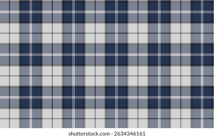 Seamless plaid pattern, white, blue, black for textiles and clothing design such as skirts, pants, tablecloths, blankets, adding a modern and versatile style, vector illustration.