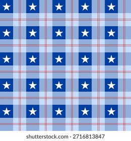 Seamless plaid pattern with white stars and red blue tones. Ideal for USA patriotic designs, textiles, backgrounds, and Independence Day projects.