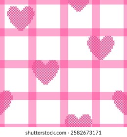 Seamless plaid, pink and white pattern with hearts in cross stitch.Vector on white background