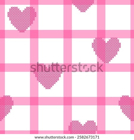 Seamless plaid, pink and white pattern with hearts in cross stitch.Vector on white background
