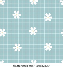 Seamless Plaid repeat vector pattern with blue and white flowers. Design for publications, gift wrap, textiles, checkered backgrounds for tablecloths.