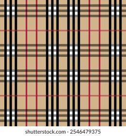 seamless plaid tartan pattern in the style of Burberry. The pattern consists of a checkered design with alternating red and black stripes, overlaid on a beige background