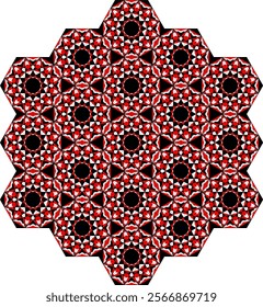 A seamless plane-covering design with hexagonal tiles. Each hexagon features intricate symmetrical patterns in bold red, white, and black hues. 