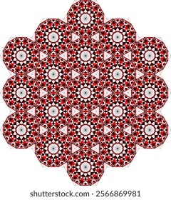 A seamless plane-covering design with hexagonal tiles. Each hexagon features intricate symmetrical patterns in bold red, white, and black hues. 