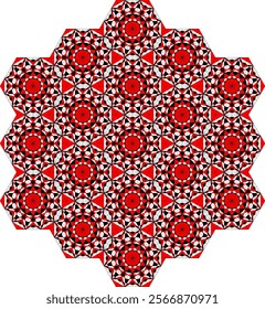 A seamless plane-covering design with hexagonal tiles. Each hexagon features intricate symmetrical patterns in bold red, white, and black hues. 