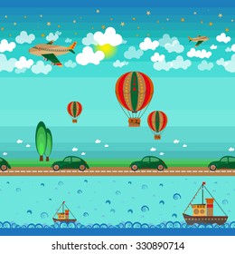 Seamless with planes, ships and cars.