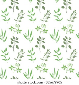 Seamless plant background. Endless pattern with green twigs and leaves silhouette. Vector illustration on white background
