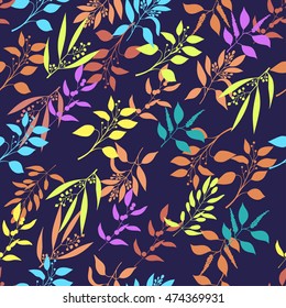 Seamless plant background. Endless pattern with colorful twigs and leaves silhouette. Vector illustration