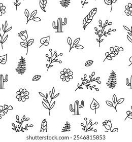 Seamless plant doodle pattern with black and white color suitable for background