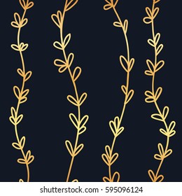 Seamless plant grass pattern liana branches. Illustration hand draw in black and gold