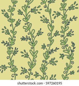 Seamless plant grass pattern liana branches. Illustration hand draw in green
