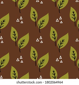 Seamless plant leaf pattern. Green leaves. Vector hand drawn illustration, autumn theme