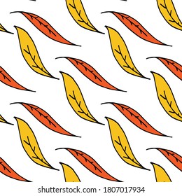 Patrón de hojas de planta sin foco. Hojas amarillas y rojas. Ilustración dibujada a mano por vectores, tema del otoño