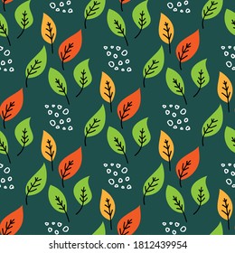 Patrón de hojas de planta sin foco. Caída deja el fondo. Ilustración dibujada a mano por vectores, tema del otoño