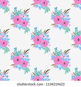 Seamless plant pattern with antique roses, feathers, daisy, marguerite. Folk style millefleurs. Floral background for textile, wallpaper, covers, surface, print, wrap, scrapbooking, decoupage.