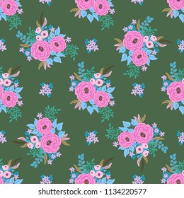Seamless plant pattern with antique roses, feathers, daisy, marguerite. Folk style millefleurs. Floral background for textile, wallpaper, covers, surface, print, wrap, scrapbooking, decoupage.