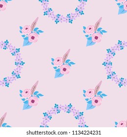 Seamless plant pattern with antique roses, feathers, daisy, marguerite. Folk style millefleurs. Floral background for textile, wallpaper, covers, surface, print, wrap, scrapbooking, decoupage.
