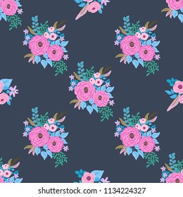 Seamless plant pattern with antique roses, feathers, daisy, marguerite. Folk style millefleurs. Floral background for textile, wallpaper, covers, surface, print, wrap, scrapbooking, decoupage.