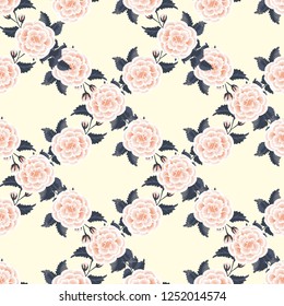 Seamless plant pattern with antique roses. Folk style millefleurs. Floral background for textile, wallpaper, covers, surface, print, wrap, scrapbooking, decoupage