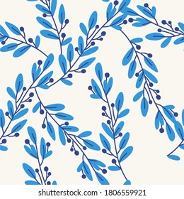 seamless plant pattern, blue leaves on branches and blue berries, ideal for interior decoration, pattern for fabric or wrapping paper