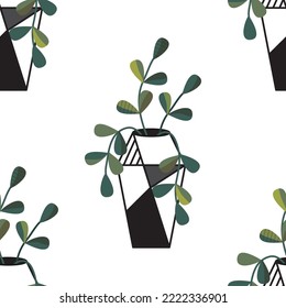 Seamless plant pattern. Botany. Homemade flowers. Cacti and succulents. Geometric shapes. Abstraction. Vector illustration of linear shapes. Vase. Scandinavian style of doodles.