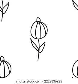 Seamless plant pattern. Botany. Homemade flowers. Cacti and succulents. Geometric shapes. Abstraction. Vector illustration of linear shapes. Vase. Scandinavian style of doodles.