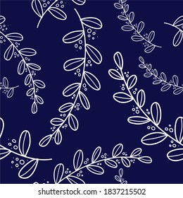 Seamless plant pattern, branches and leaves, dark blue background, white plants, ideal for decoration, drawing on fabric or wrapping paper