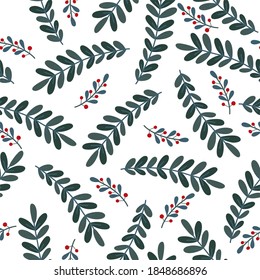 Seamless plant pattern, branches and leaves on a white background, Botanical set, ideal for interior decoration, drawing on fabric or wrapping paper