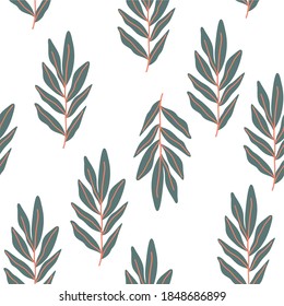 Patrón de planta sin soldadura, ramas y hojas sobre un fondo blanco, Conjunto botánico, ideal para la decoración interior, dibujo de tela o papel envolvente
