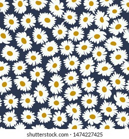 Seamless plant pattern with bright flowers of daisy. Trendy floral background for fashion prints, wallpaper, surface. Chaotic order. Country rustic style