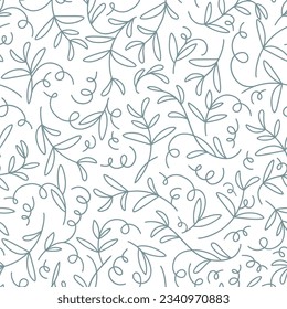 Seamless plant pattern. Doodle botanical pattern of curly stems. Blue green leaves and spiral curly sprout or shoot of wild plant. Calm floral pattern for design, textile and wrapping paper