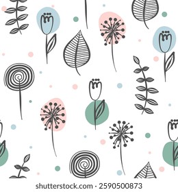 seamless plant pattern in doodle style with bright spots on a white background