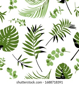 Seamless plant pattern with fern and monstera leaves, herbs, twigs, branches. Garden vector illustration on white background