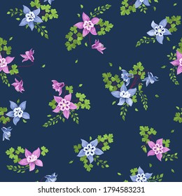 Seamless plant pattern with flowers of aquilegia. Trendy millefleurs. Floral background for textile, wallpaper, covers, surface, print, wrap, scrapbooking, decoupage.