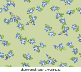 Seamless plant pattern with flowers of  cute blue aquilegia. Trendy millefleurs. Floral background for textile, wallpaper, covers, surface, print, wrap, scrapbooking, decoupage.