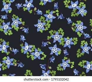 Seamless plant pattern with flowers of  cute blue aquilegia. Trendy millefleurs. Floral background for textile, wallpaper, covers, surface, print, wrap, scrapbooking, decoupage.