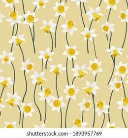 Seamless plant pattern with flowers of narcissus. Trendy millefleurs. Floral background for textile, wallpaper, covers, surface, print, wrap, scrapbooking, decoupage.