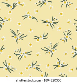 Seamless plant pattern with flowers of narcissus. Trendy millefleurs. Floral background for textile, wallpaper, covers, surface, print, wrap, scrapbooking, decoupage.