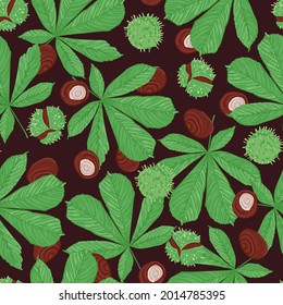 Seamless plant pattern with leaves and horse chestnut seed. Hand drawn vector background