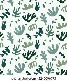 Patrón de planta sin foco, inspirado en Matisse, minimalista y moderno. Tonos verdes, hojas. Ideal para impresión textil, decoración de objetos o uso digital. Ilustración vectorial.