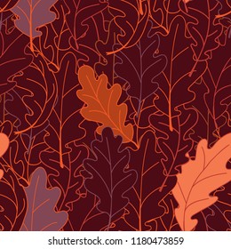 Seamless plant pattern of oak leaves. A linear pattern on a dark 

background.