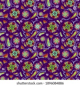 Patrón de planta sin foco sobre fondo morado , con ave pavo real