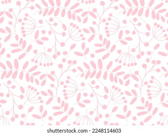 Seamless Plant pattern with pastel pink color. Doodle sketch vector illustration. Berries, branches backdrop on white background. Hand drawn wallpaper, textile, packaging for holidays print