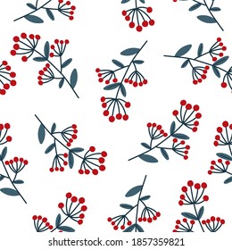 Seamless plant pattern of Red berries on branches, green leaves in a chaotic order, ideal for drawing on fabric or interior decoration