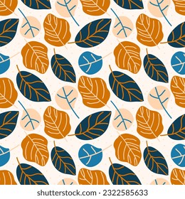 Patrón de planta sin foco al estilo folclórico escandinavo. patrón vectorial de hojas azules y anaranjadas dibujadas en formas simples para la impresión de embalajes de caída o para textiles.