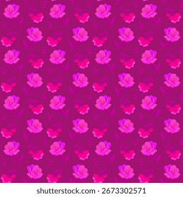 Patrón de planta sin fisuras con brillantes flores de color rosa sobre fondo borgoña. Hermoso estampado para tela. Bordado floral en Vector.